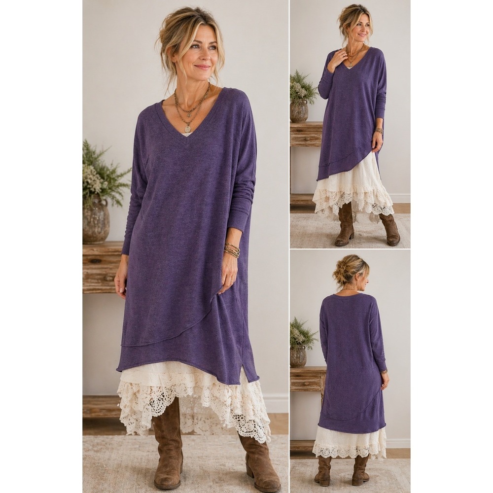 Soft Surroundings Purple V-Neck Layered Tunic Dress PM Asym Stretch 3CT40